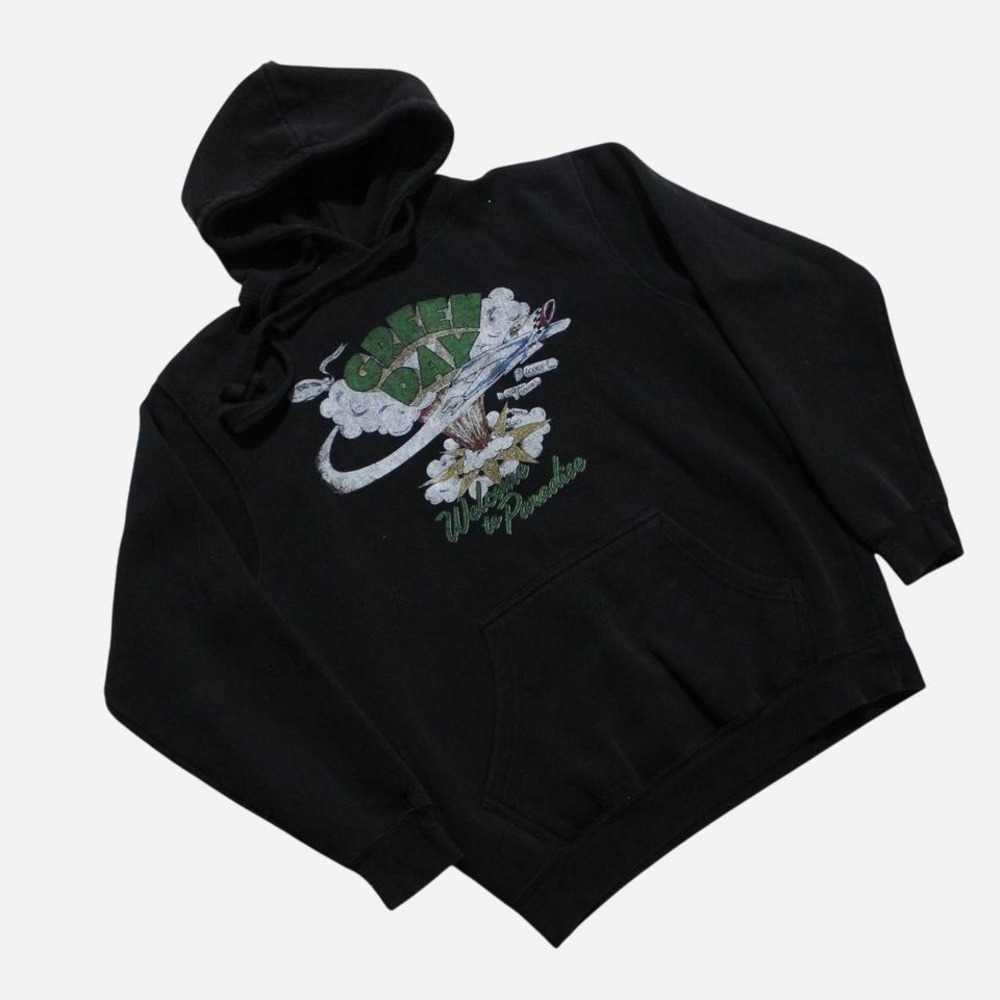 Mens Y2K Style Retro Green Day Dookie Welcome to Paradise Black Pullover Hoodie